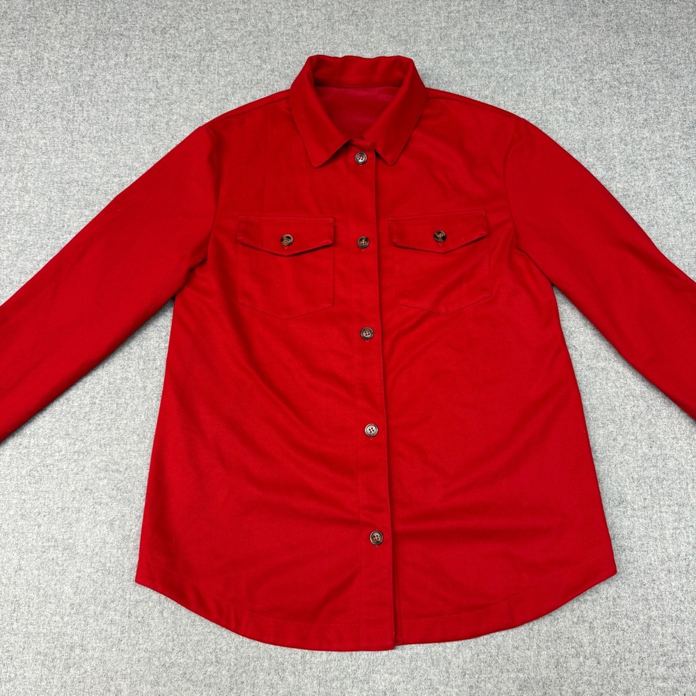 M9J142 Button Down Shirt Size Medium Red Utility Flap Pocket Long Sleeve Stretch